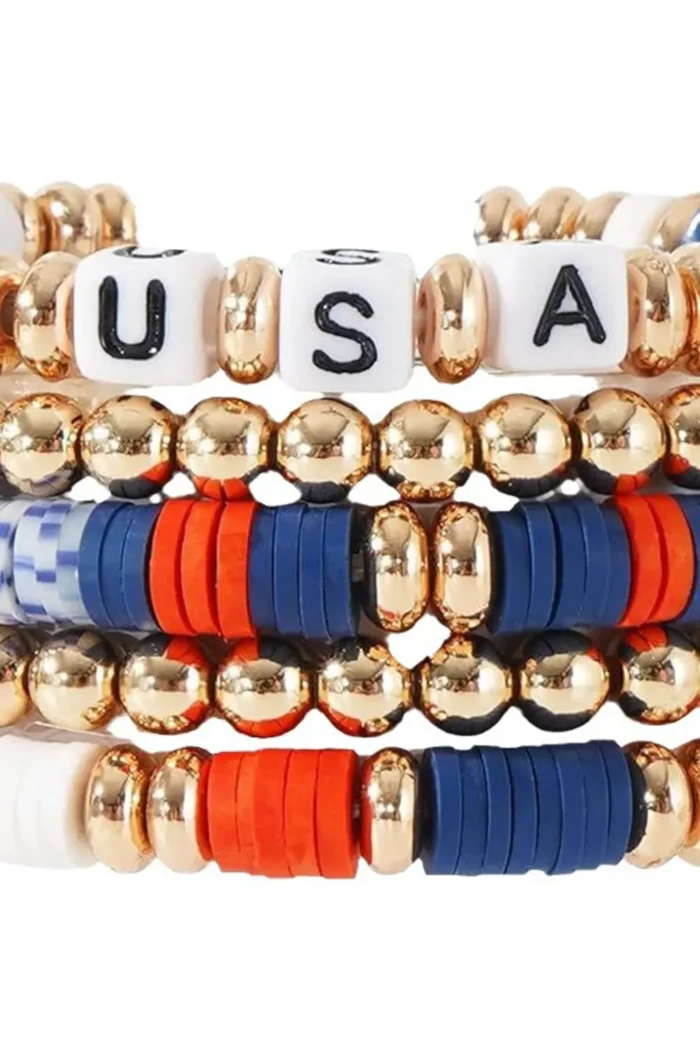 Patriotic USA Beaded Bracelet Set - Handmade Polymer Clay & Letter Beads | 5pcs - Image 3