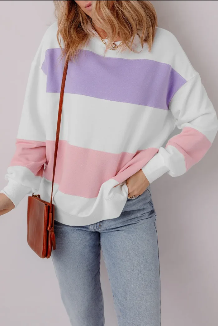 Beige Colorblock Patchwork Crewneck Sweatshirt - Cozy & Chic Casual Wear - Image 1