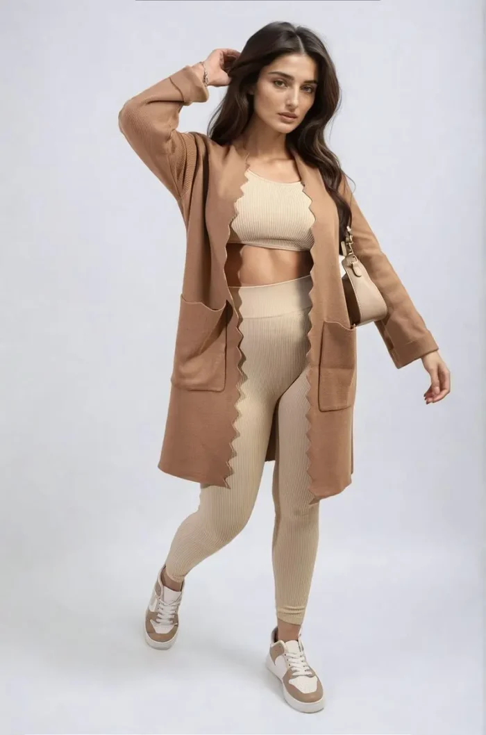 Wave Trim Knitted Cardigan with Front Pockets Cozy & Stylish Women's Sweater - Image 5