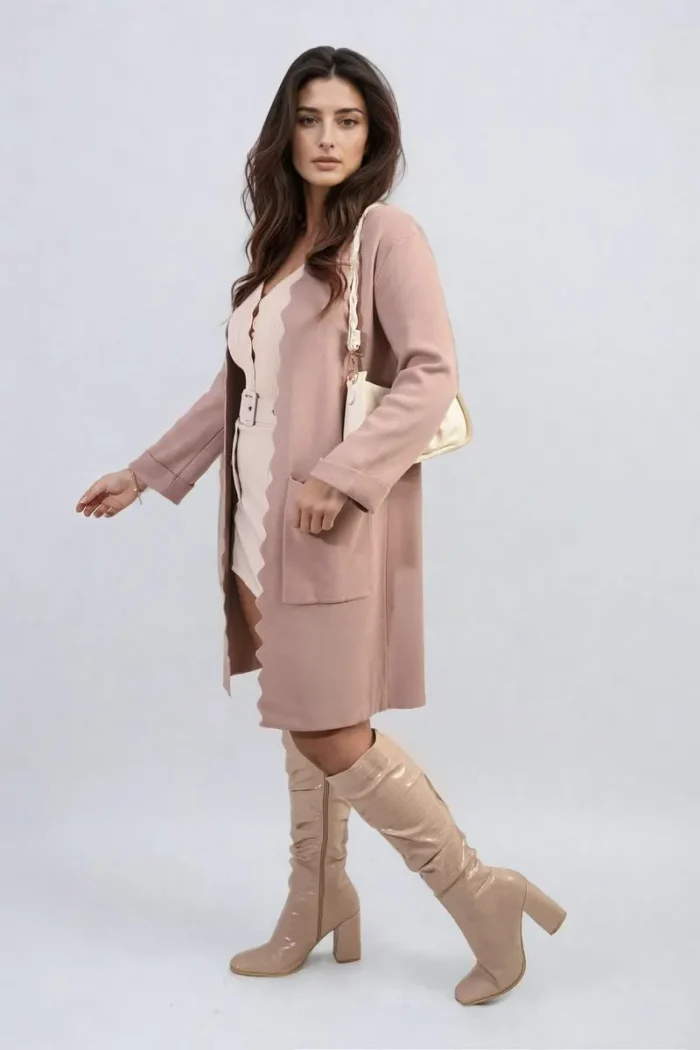 Wave Trim Knitted Cardigan with Front Pockets Cozy & Stylish Women's Sweater - Image 6