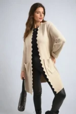 Wave Trim Knitted Cardigan with Front Pockets Cozy & Stylish Women's Sweater - Image 9