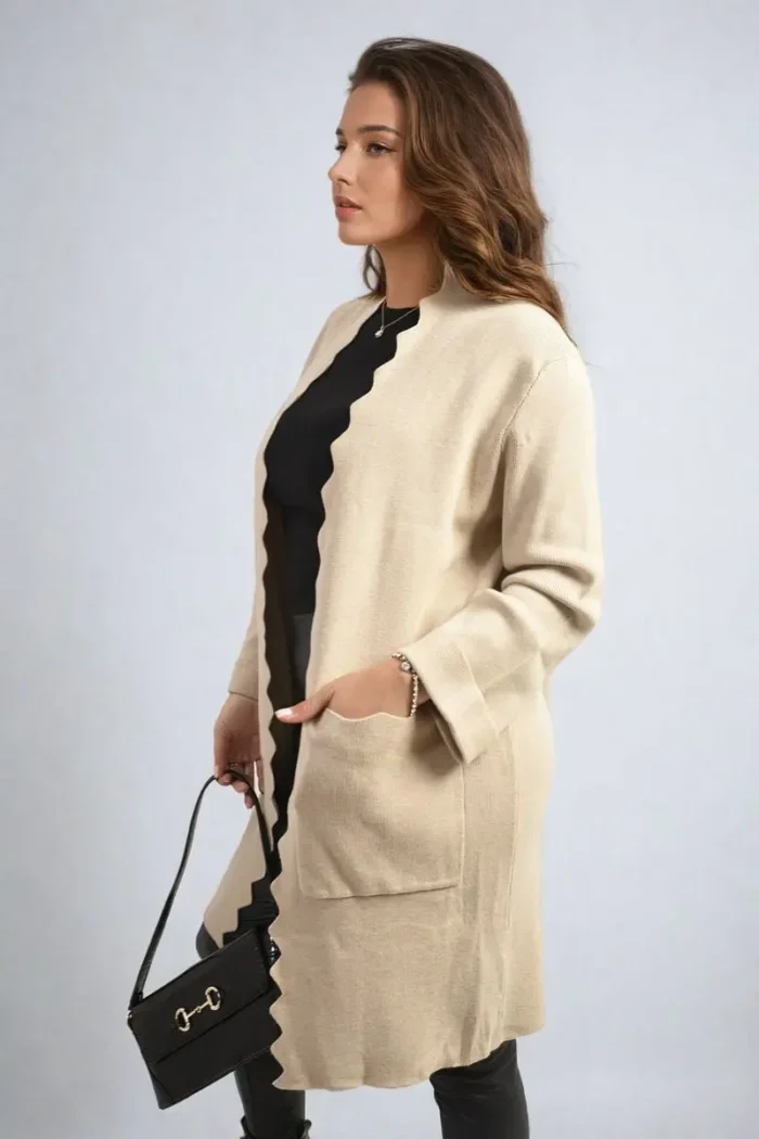 Wave Trim Knitted Cardigan with Front Pockets Cozy & Stylish Women's Sweater - Image 11