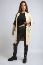 Wave Trim Knitted Cardigan with Front Pockets Cozy & Stylish Women's Sweater - Image 12