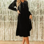 Olivia Velvet Buttoned Midi Dress - Puff Sleeve, V Neck & Split Hem | Chic Evening Wear