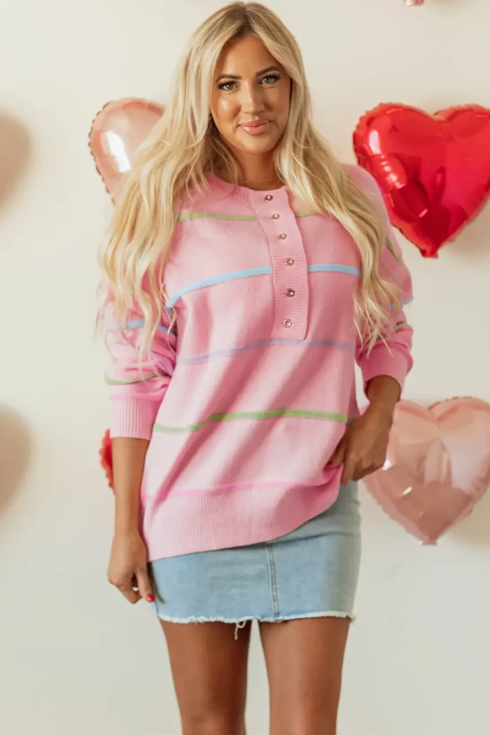 Miriam Stripes Baggy Henley Sweater - Rainbow Stripes, Relaxed Fit & Casual Style - Image 1