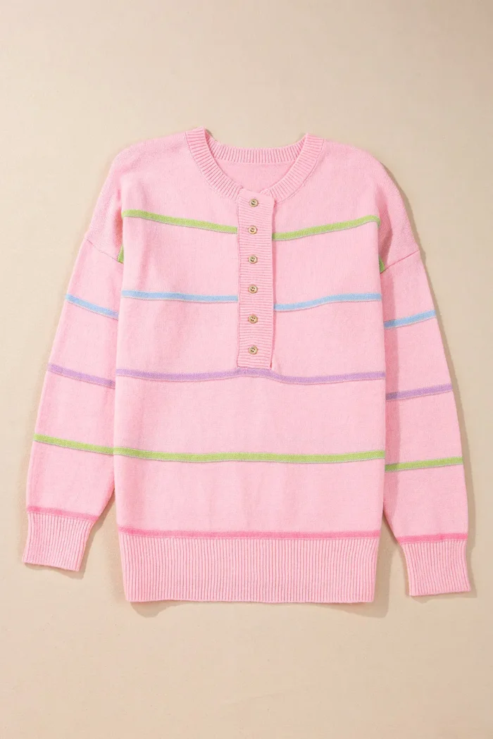 Miriam Stripes Baggy Henley Sweater - Rainbow Stripes, Relaxed Fit & Casual Style - Image 6