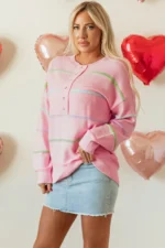 Miriam Stripes Baggy Henley Sweater - Rainbow Stripes, Relaxed Fit & Casual Style - Image 3