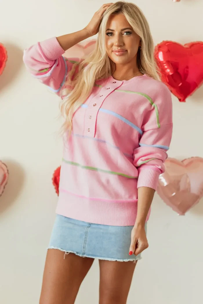 Miriam Stripes Baggy Henley Sweater - Rainbow Stripes, Relaxed Fit & Casual Style - Image 4