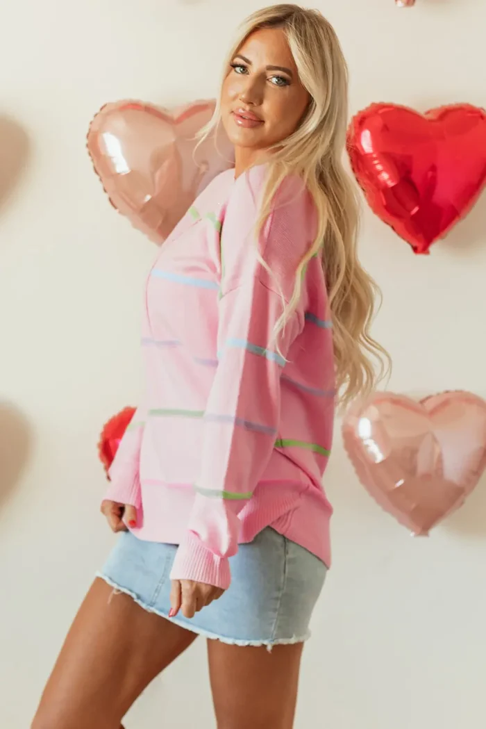 Miriam Stripes Baggy Henley Sweater - Rainbow Stripes, Relaxed Fit & Casual Style - Image 5