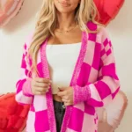 Brynlee Checkered Cardigan - Stylish & Warm Ribbed Trim Open Front Sweater