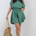 Chic Roll Sleeve Top & Elastic Shirred Waistband Shorts Co-ord Set - Effortless Style & Comfort