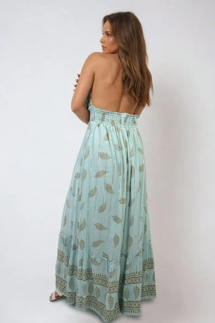 Dazzling Leaf Print Spaghetti Strap Maxi Dress Perfect Summer Beach & Garden Party Outfit - Image 2
