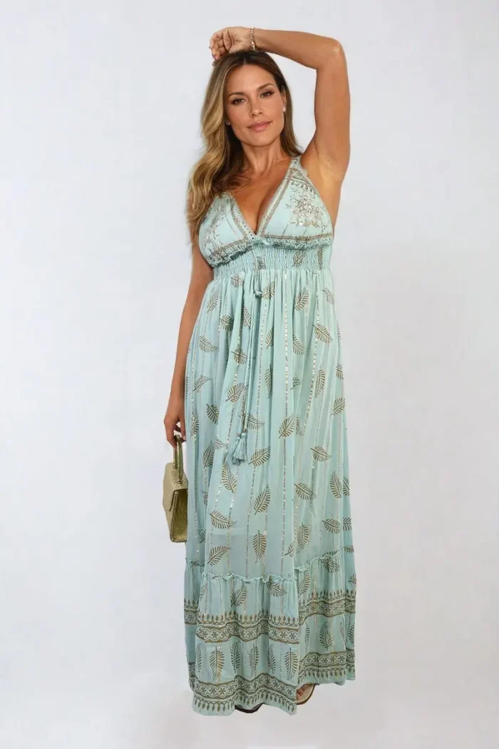Dazzling Leaf Print Spaghetti Strap Maxi Dress Perfect Summer Beach & Garden Party Outfit - Image 3