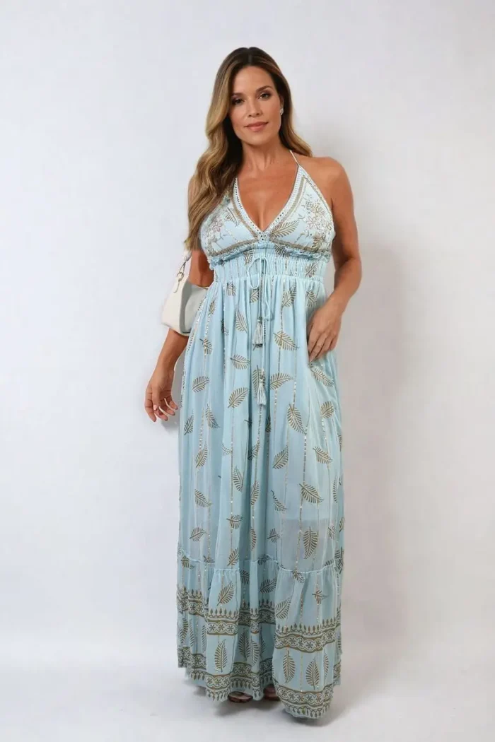 Dazzling Leaf Print Spaghetti Strap Maxi Dress Perfect Summer Beach & Garden Party Outfit - Image 4