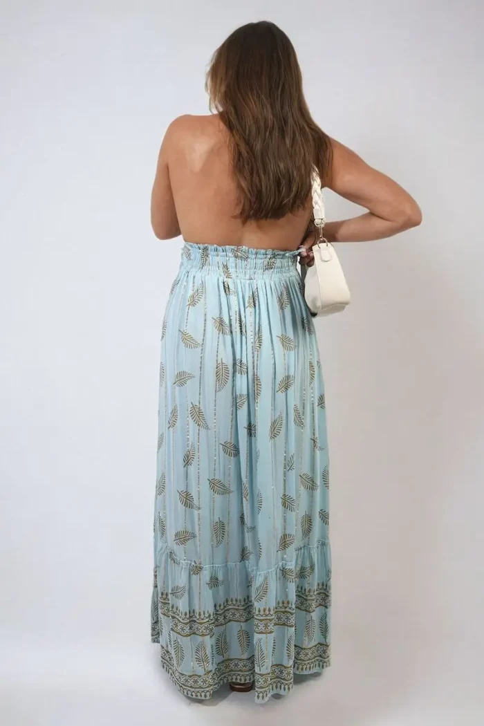 Dazzling Leaf Print Spaghetti Strap Maxi Dress Perfect Summer Beach & Garden Party Outfit - Image 5