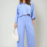 Chic Oversized Long Sleeve Crop Top & Wide Leg Trouser Co-ord Set - Stylish & Comfy Two-Piece Outfit
