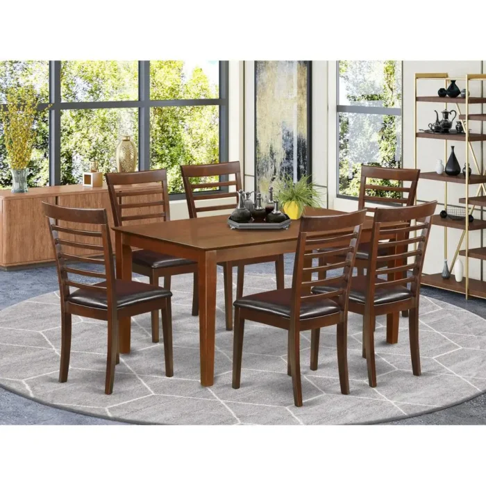 Elegant 7-Piece Dining Set - Modern Mahogany Table with 6 Faux Leather Chairs - Image 2