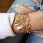 Dariya Exotic Charm Bracelet 3 In 1 - Golden Cowrie Shell, Hammered Disk & Pearl Bead