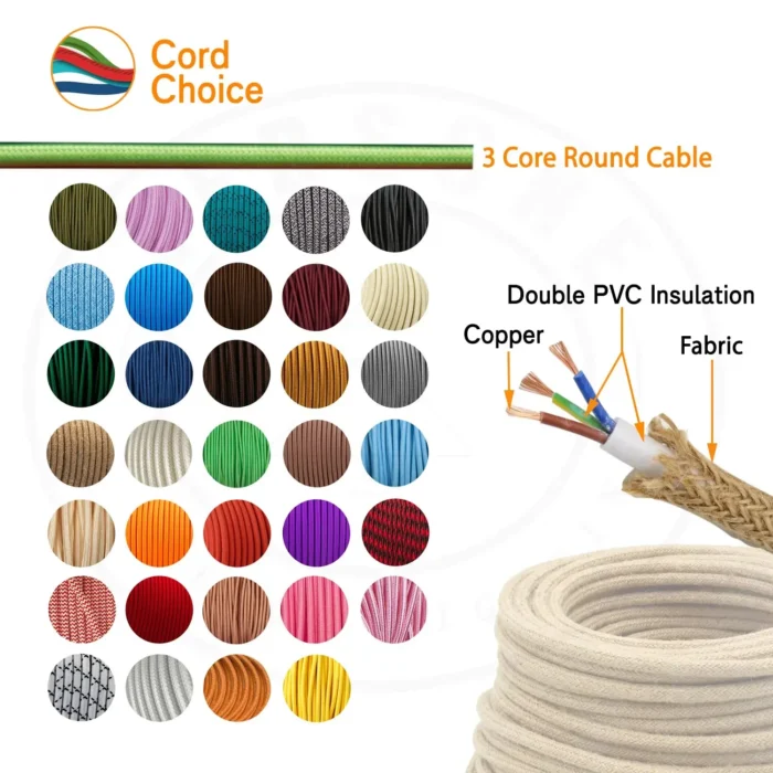 3 Core Round Vintage Braided Fabric Yellow Cable Flex - High Quality 0.75mm Lighting Wire for Antique Lamps & Chandeliers - Image 4