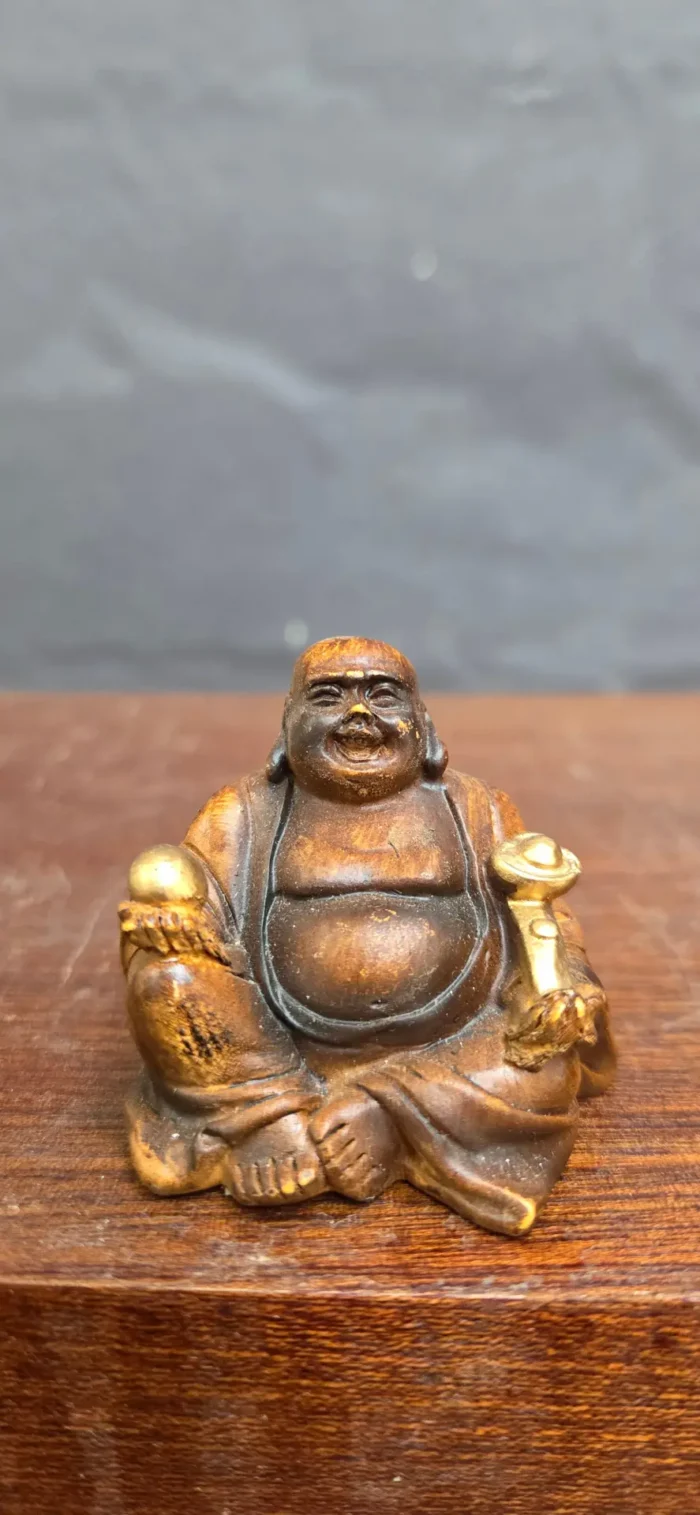 Laughing Buddha Figurine - Brushed Wood Effect | Ideal for Home & Office Decor - Image 1
