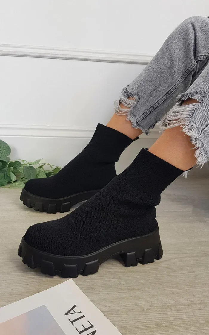 Stylish Chunky Sock Boots - Cozy Faux Leather Ankle Boots for Every Occasion - Image 7