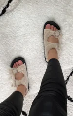 Chic Faux Fur Double Buckle Sliders - Stylish & Comfortable Women's Footwear - Image 9