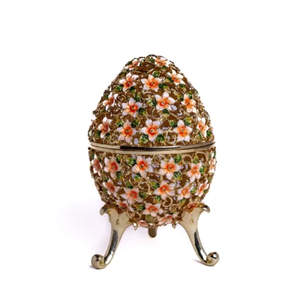 Faberge Egg Decorated with Flowers - Handcrafted Enamel Trinket Box with Austrian Crystals