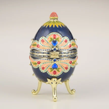 Blue Colorful Russian Egg - Handmade Enamel Trinket Box with Austrian Crystals & 24K Gold Plating
