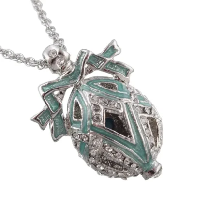 Elegant Silver & Light Green Egg Pendant Necklace Hand Painted with Austrian Crystals | Unique Handcrafted Jewelry