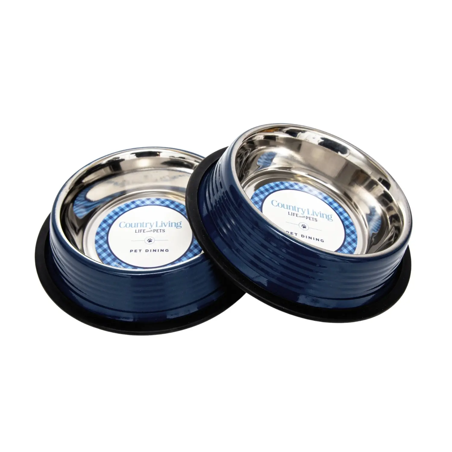 494796424_large.webp Country Living Set of 2 Ribbed No-Tip Non-Skid Stainless Steel Pet Bowls - Poseidon Blue | Stylish & Durable Dog and Cat Bowls - Image 1