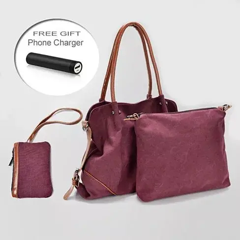 518527811_large.webp TRIBEKA 3 In 1 Canvas Shoulder Bag - Versatile Handbag, Cross-body, and Clutch Combo with Free Smartphone Charger - Image 1
