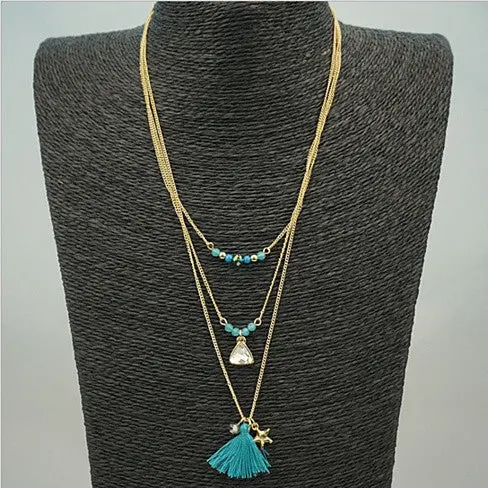 518588904_large.webp TASSELS AND TRINKETS Layered Necklace - Multi-Layered Fashion Jewelry with Turquoise Beads & Handmade Tassel - Image 1